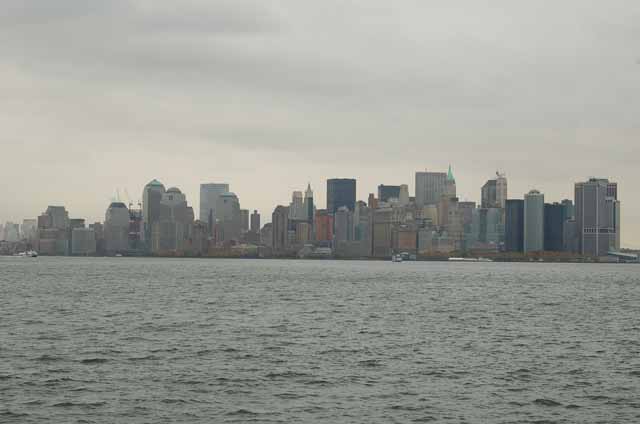 NYC skyline in autumn from the ferry going to Ellis Island