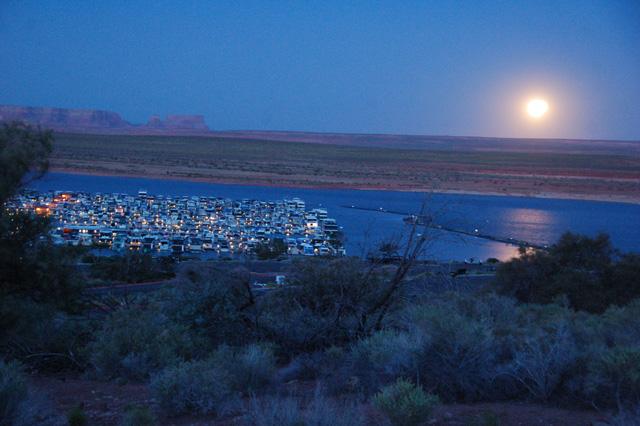 rising full moon over Wahweap Bay and Marina