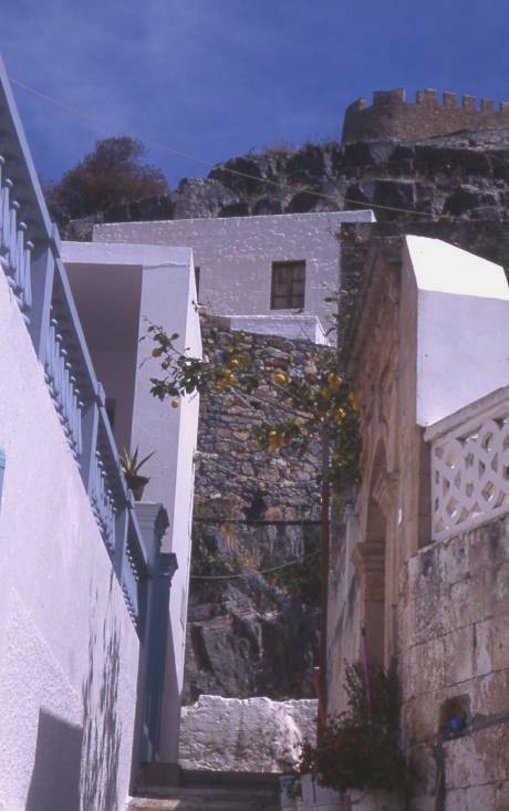 lindos acropolis towers over village